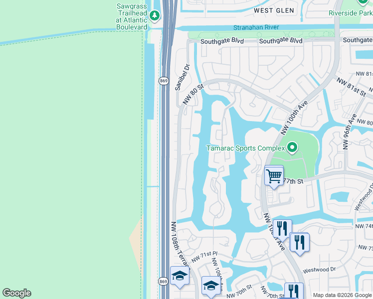 map of restaurants, bars, coffee shops, grocery stores, and more near 7517 Trent Drive in Tamarac