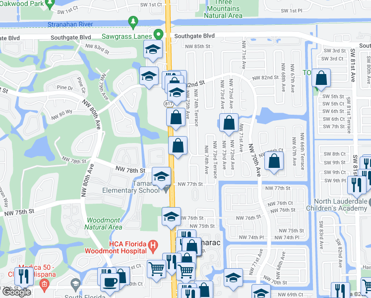 map of restaurants, bars, coffee shops, grocery stores, and more near 7905 Northwest 75th Avenue in Tamarac