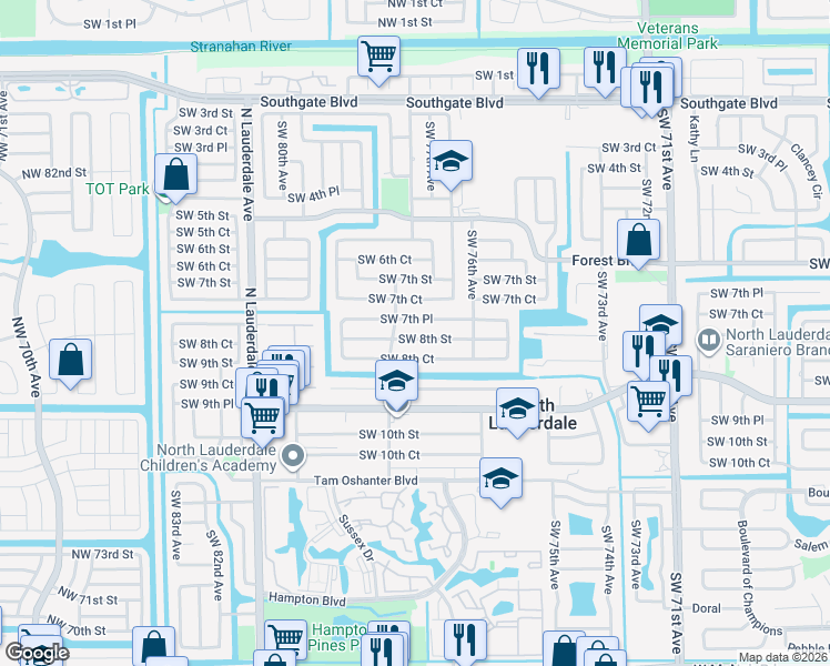 map of restaurants, bars, coffee shops, grocery stores, and more near 7707 Southwest 8th Street in North Lauderdale