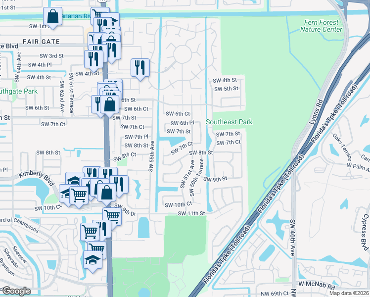 map of restaurants, bars, coffee shops, grocery stores, and more near 5161 Southwest 7th Court in Margate