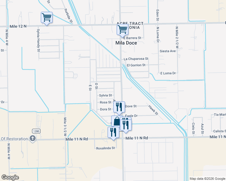 map of restaurants, bars, coffee shops, grocery stores, and more near 6310 A Street in Mercedes
