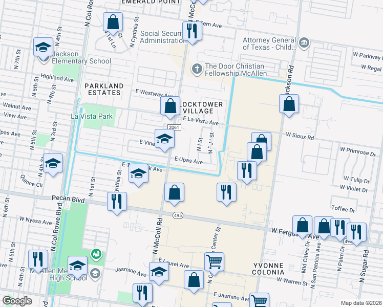 map of restaurants, bars, coffee shops, grocery stores, and more near 2104 North H Street in McAllen