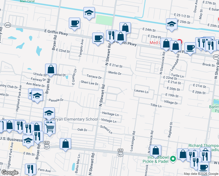 map of restaurants, bars, coffee shops, grocery stores, and more near 1604 Sheri Lee Drive in Mission
