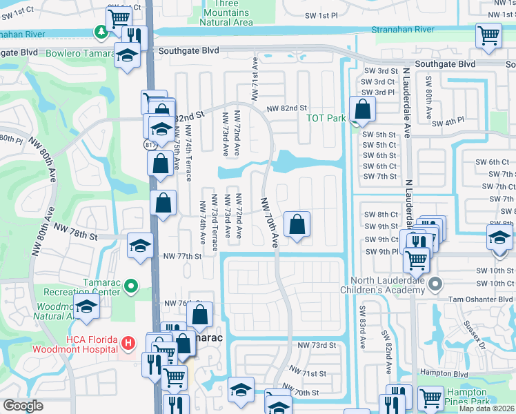 map of restaurants, bars, coffee shops, grocery stores, and more near 7814 Northwest 70th Avenue in Tamarac