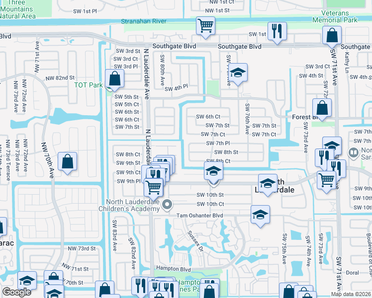 map of restaurants, bars, coffee shops, grocery stores, and more near 721 Southwest 79th Avenue in North Lauderdale