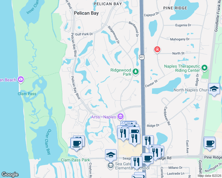 map of restaurants, bars, coffee shops, grocery stores, and more near 708 Buttonbush Lane in Naples
