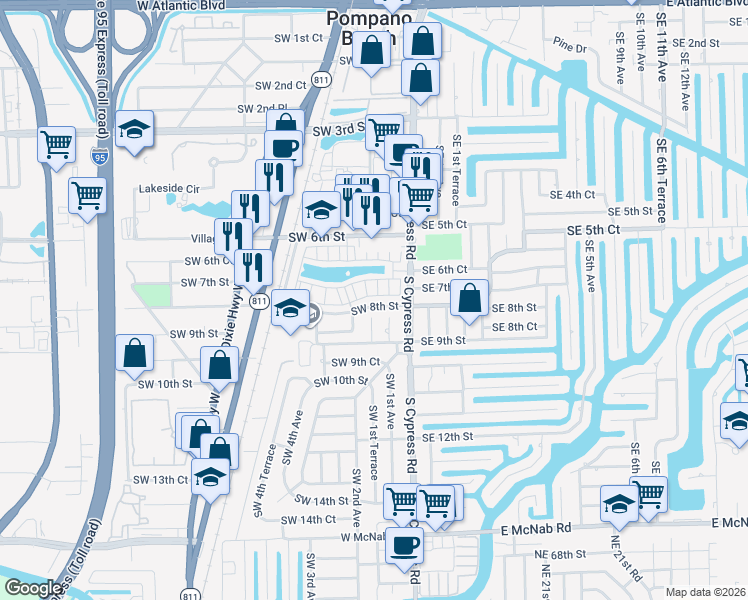 map of restaurants, bars, coffee shops, grocery stores, and more near 162 Southwest 7th Court in Pompano Beach