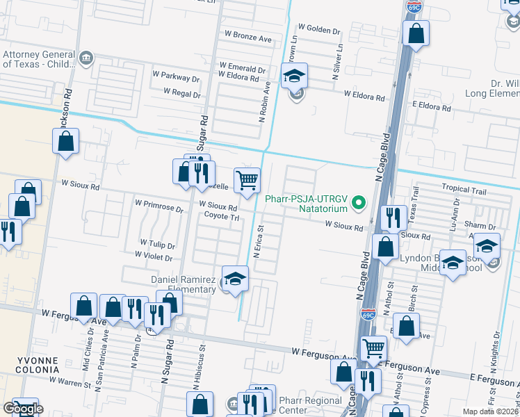 map of restaurants, bars, coffee shops, grocery stores, and more near 2900 North Erica Street in Pharr