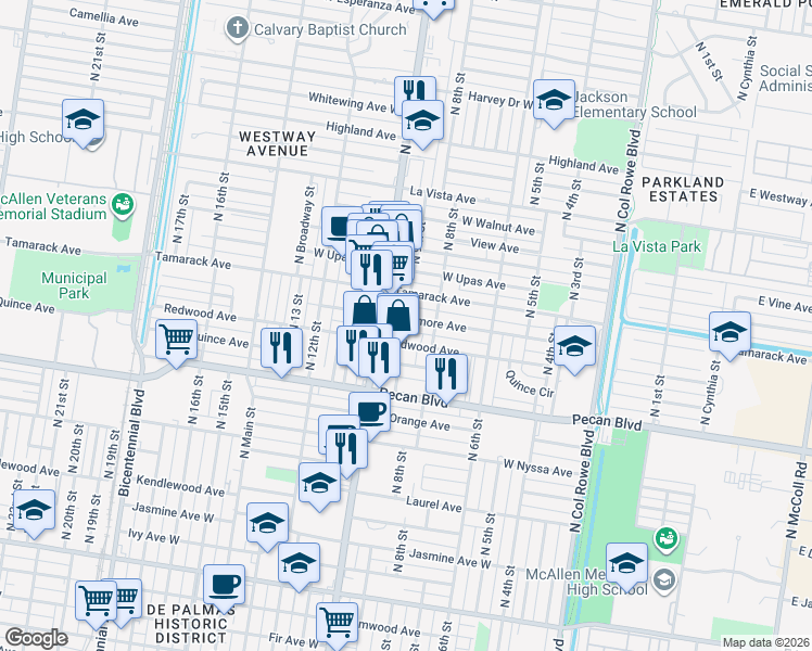 map of restaurants, bars, coffee shops, grocery stores, and more near 817 Sycamore Avenue in McAllen