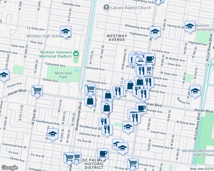 map of restaurants, bars, coffee shops, grocery stores, and more near 1710 South Main Street in McAllen