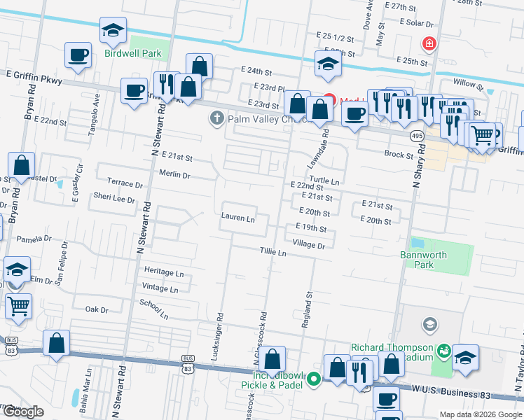 map of restaurants, bars, coffee shops, grocery stores, and more near 1817 Lauren Lane in Mission