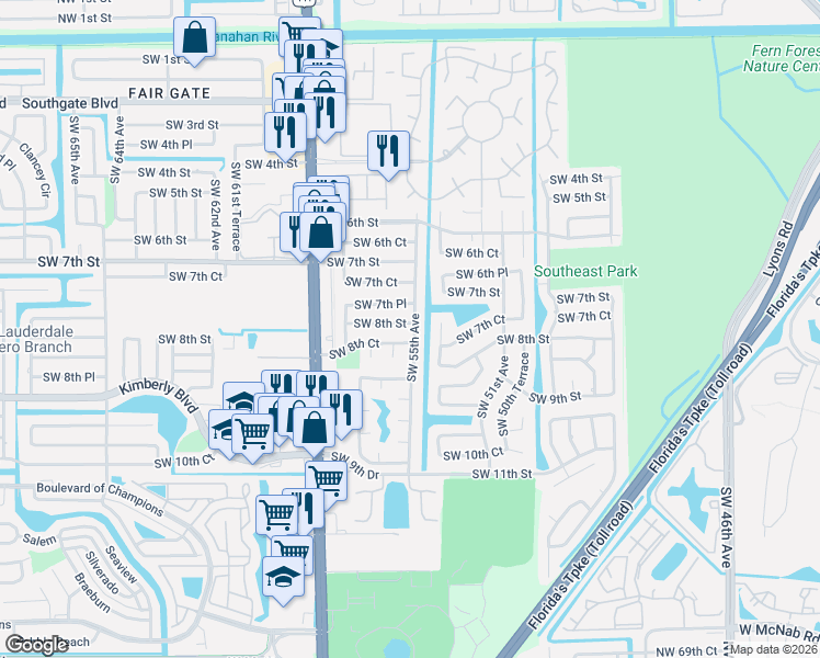 map of restaurants, bars, coffee shops, grocery stores, and more near 5500 Southwest 8th Street in Margate