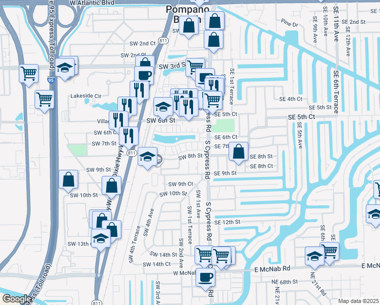map of restaurants, bars, coffee shops, grocery stores, and more near 162 Southwest 7th Court in Pompano Beach
