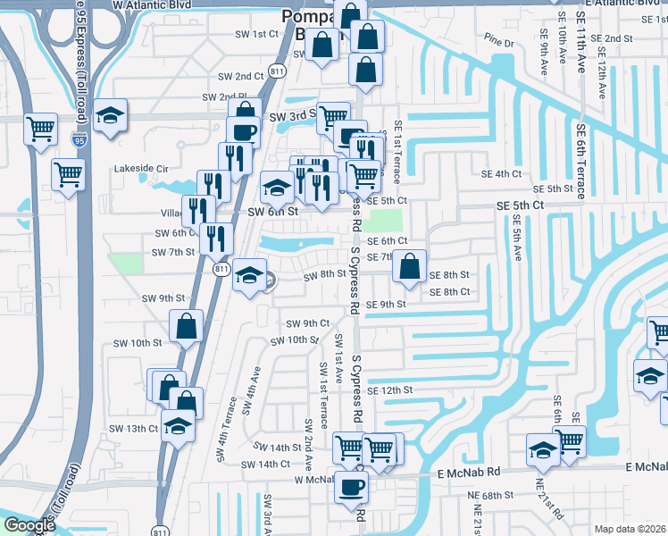 map of restaurants, bars, coffee shops, grocery stores, and more near 130 Southwest 7th Court in Pompano Beach