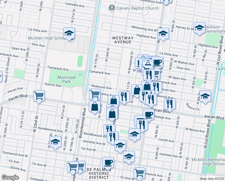 map of restaurants, bars, coffee shops, grocery stores, and more near 1710 South Main Street in McAllen