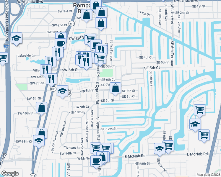 map of restaurants, bars, coffee shops, grocery stores, and more near 201 Southeast 8th Street in Pompano Beach