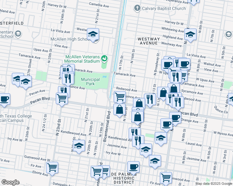 map of restaurants, bars, coffee shops, grocery stores, and more near 1710 Quince Avenue in McAllen