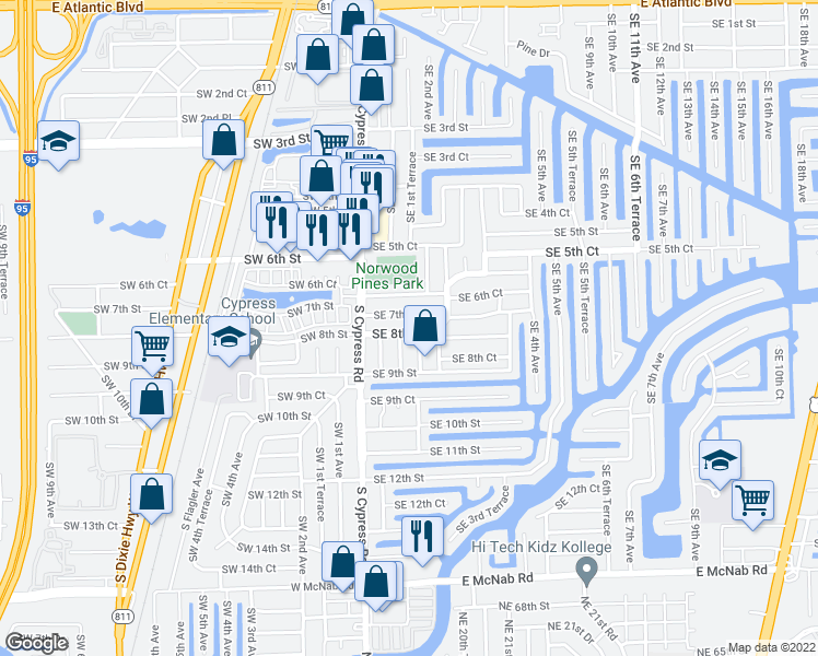 map of restaurants, bars, coffee shops, grocery stores, and more near 151 Southeast 8th Street in Pompano Beach