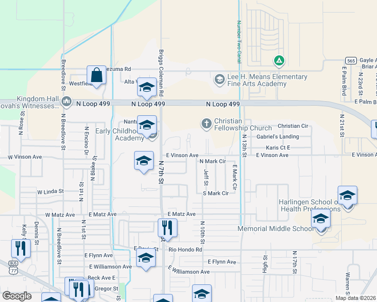 map of restaurants, bars, coffee shops, grocery stores, and more near 817 E Vinson Ave in Harlingen