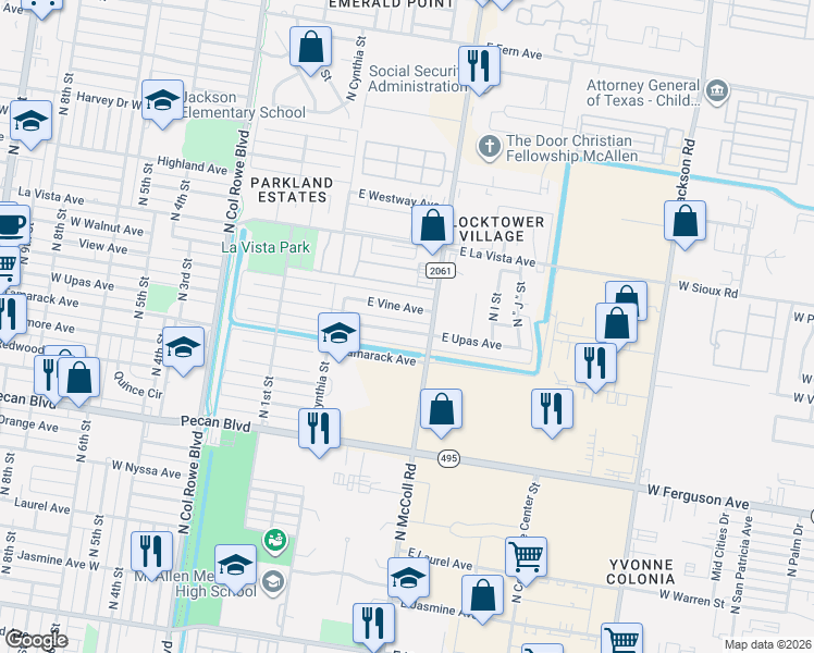 map of restaurants, bars, coffee shops, grocery stores, and more near 519 East Upas Avenue in McAllen