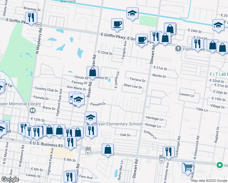 map of restaurants, bars, coffee shops, grocery stores, and more near 1559 South Gastel Circle in Mission