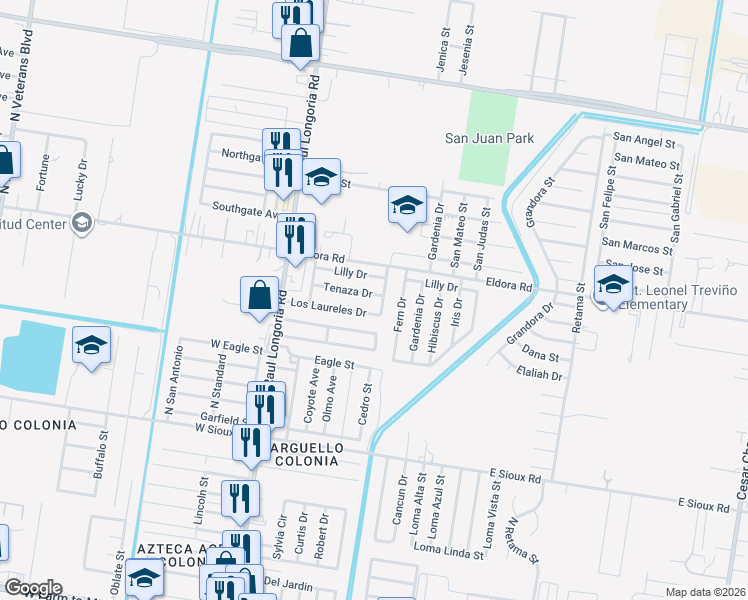 map of restaurants, bars, coffee shops, grocery stores, and more near 305 Los Laureles Drive in San Juan