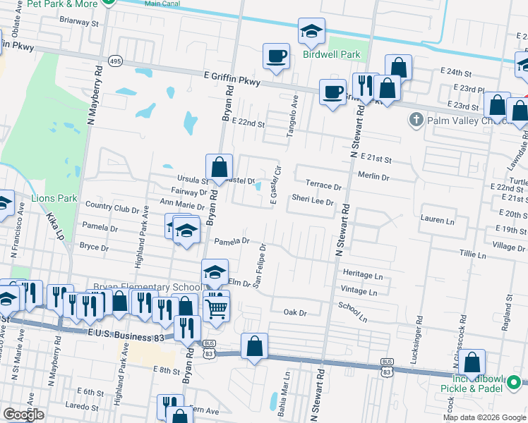 map of restaurants, bars, coffee shops, grocery stores, and more near 1565 South Gastel Circle in Mission