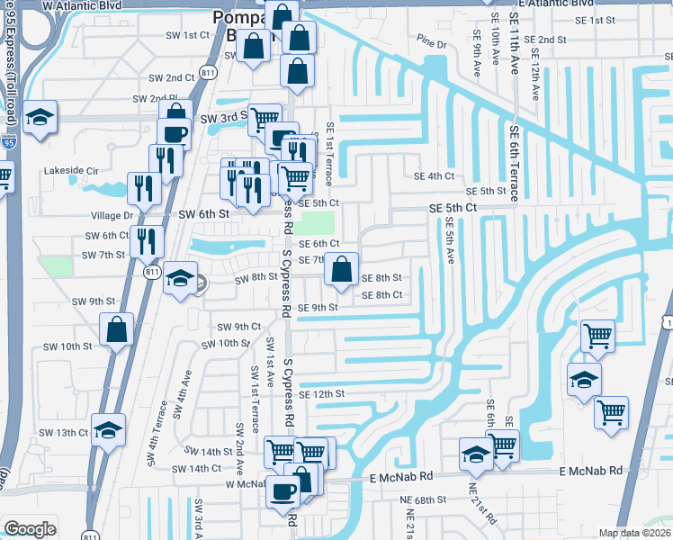 map of restaurants, bars, coffee shops, grocery stores, and more near 201 Southeast 8th Street in Pompano Beach