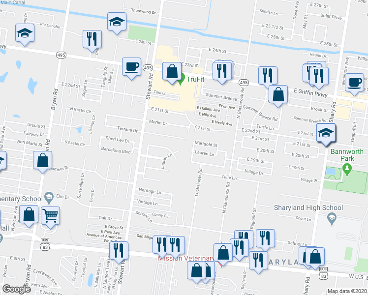 map of restaurants, bars, coffee shops, grocery stores, and more near 1612 Lauren Lane in Mission