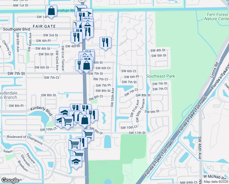 map of restaurants, bars, coffee shops, grocery stores, and more near 5500 Southwest 8th Street in Margate