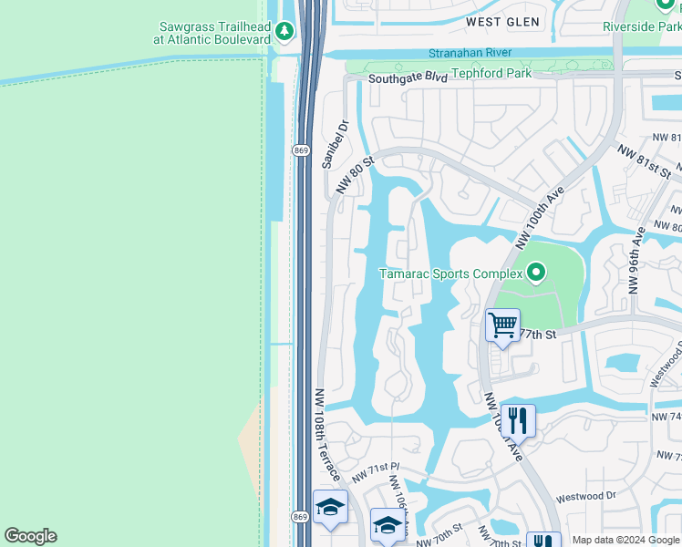 map of restaurants, bars, coffee shops, grocery stores, and more near 7517 Trent Drive in Tamarac