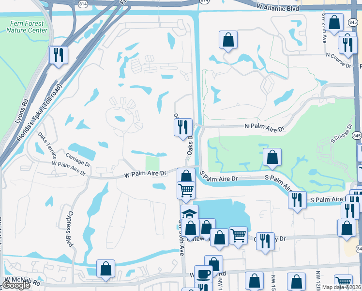 map of restaurants, bars, coffee shops, grocery stores, and more near 605 Oaks Drive in Pompano Beach
