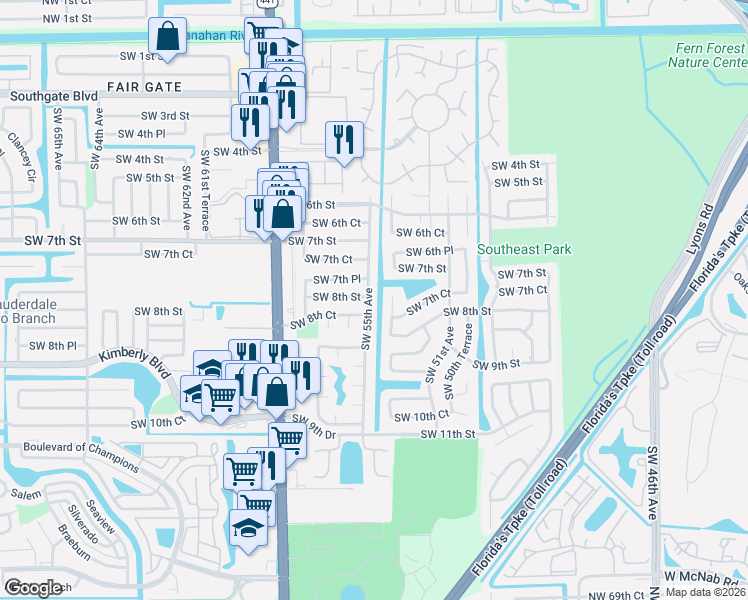 map of restaurants, bars, coffee shops, grocery stores, and more near 5500 Southwest 8th Street in Margate