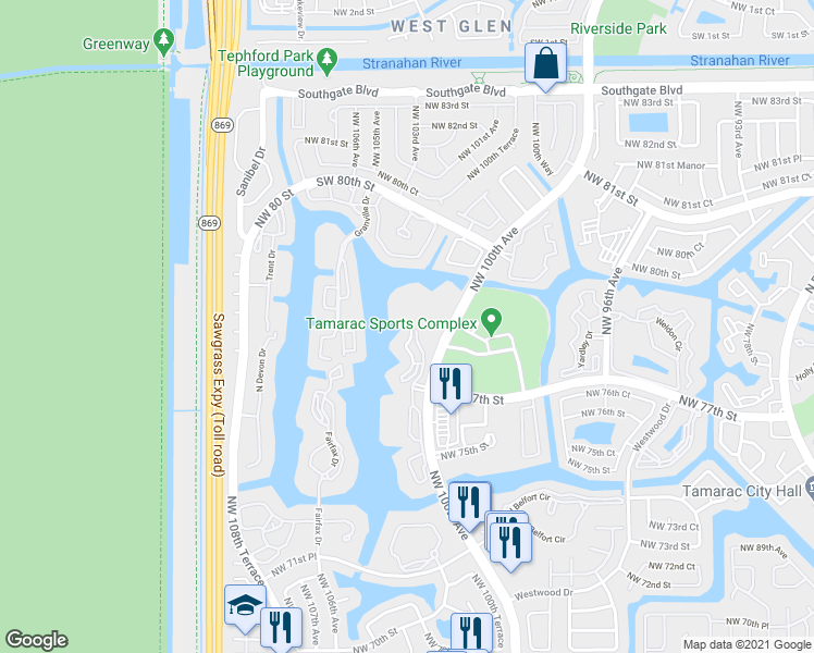 map of restaurants, bars, coffee shops, grocery stores, and more near 7727 Southampton Terrace in Tamarac
