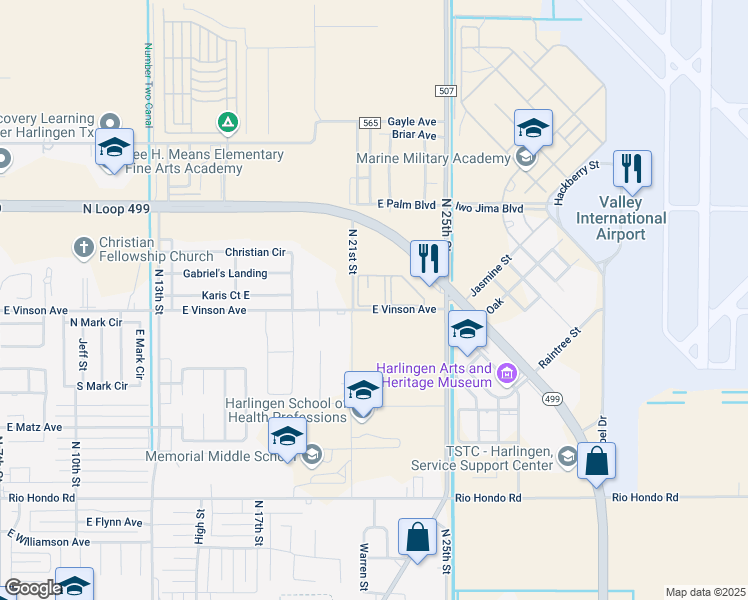 map of restaurants, bars, coffee shops, grocery stores, and more near 2115 East Vinson Avenue in Harlingen