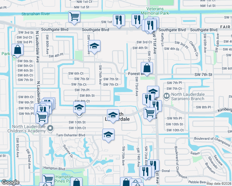 map of restaurants, bars, coffee shops, grocery stores, and more near 7435 Southwest 8th Street in North Lauderdale