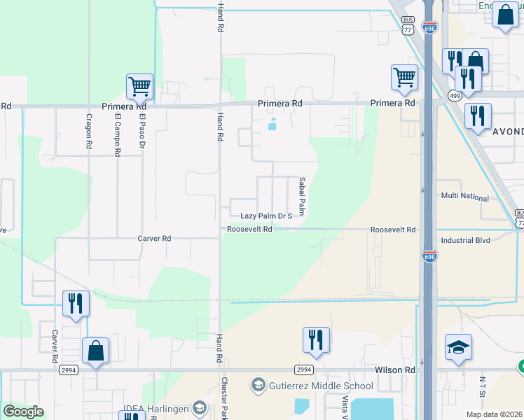 map of restaurants, bars, coffee shops, grocery stores, and more near 2701 Mangrove Palm Dr in Harlingen