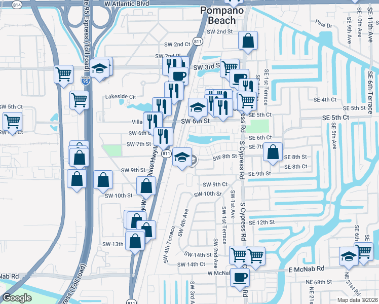 map of restaurants, bars, coffee shops, grocery stores, and more near 279 Southwest 7th Court in Pompano Beach