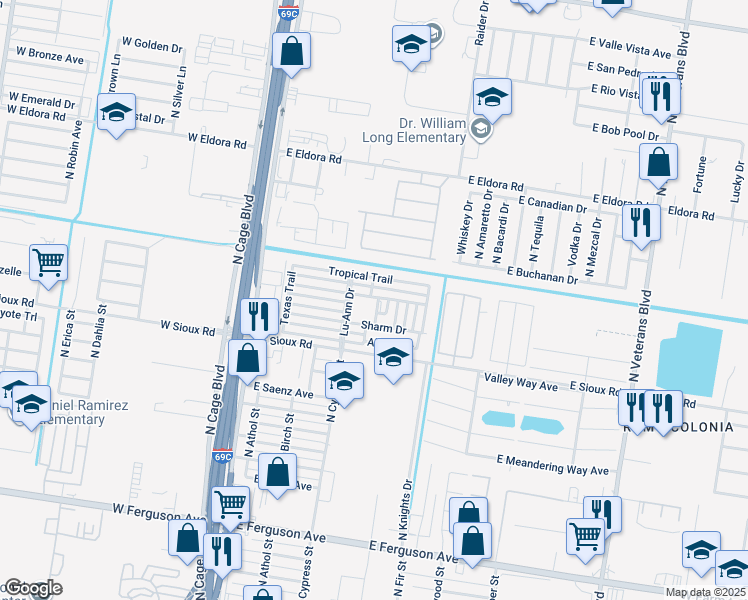 map of restaurants, bars, coffee shops, grocery stores, and more near 21 Texas Trail in Pharr