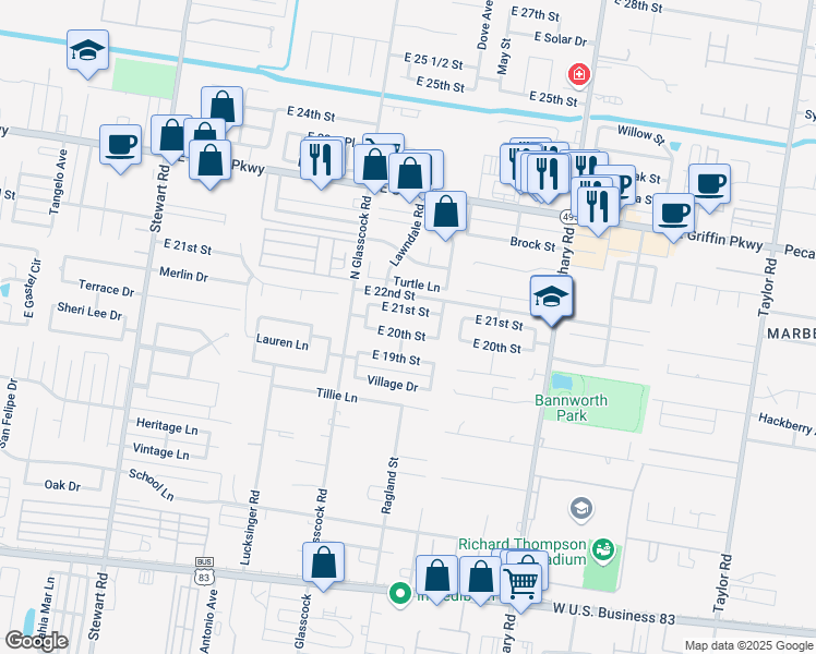 map of restaurants, bars, coffee shops, grocery stores, and more near 2018 East 20th Street in Mission