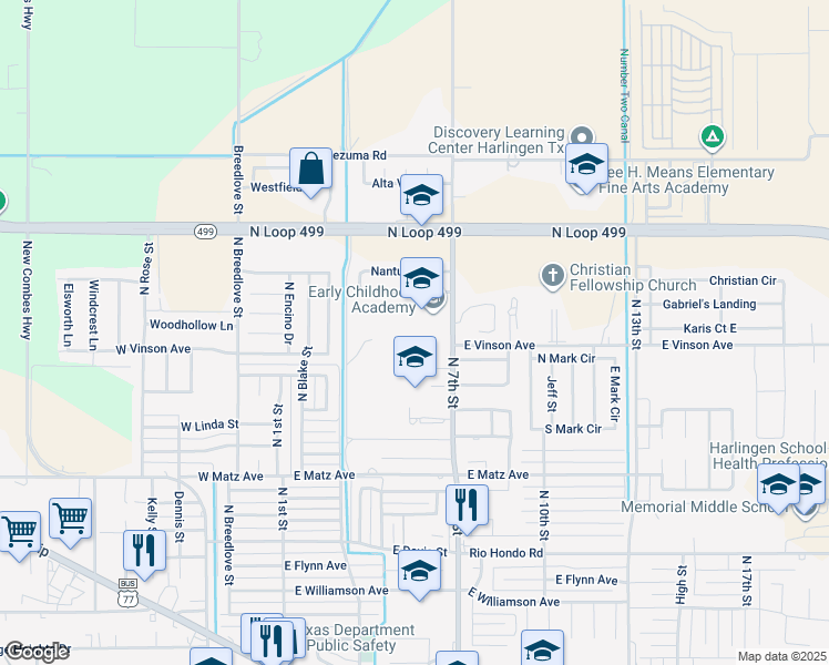 map of restaurants, bars, coffee shops, grocery stores, and more near 2809 North 7th Street in Harlingen