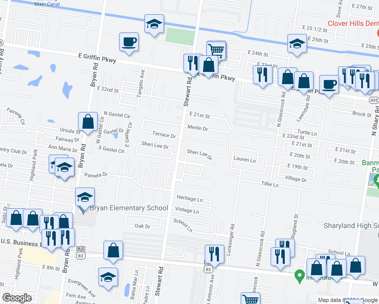 map of restaurants, bars, coffee shops, grocery stores, and more near 1901 Melissa Rae Drive in Mission