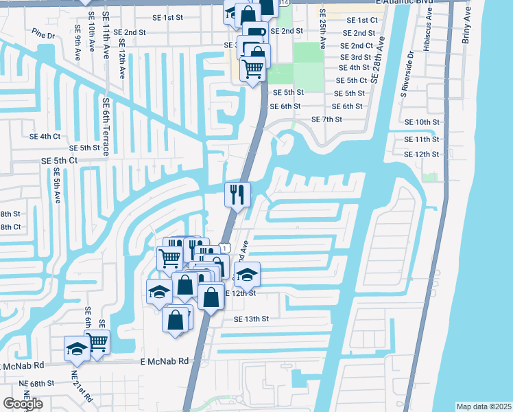 map of restaurants, bars, coffee shops, grocery stores, and more near 845 Southeast 22nd Avenue in Pompano Beach
