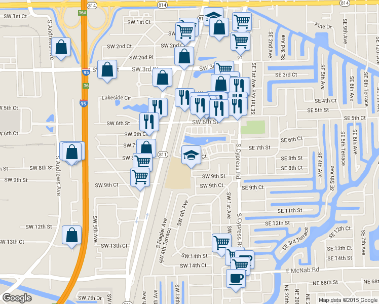 map of restaurants, bars, coffee shops, grocery stores, and more near 245 Southwest 7th Court in Pompano Beach
