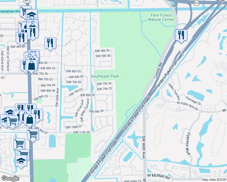 map of restaurants, bars, coffee shops, grocery stores, and more near 4956 Southwest 8th Street in Margate