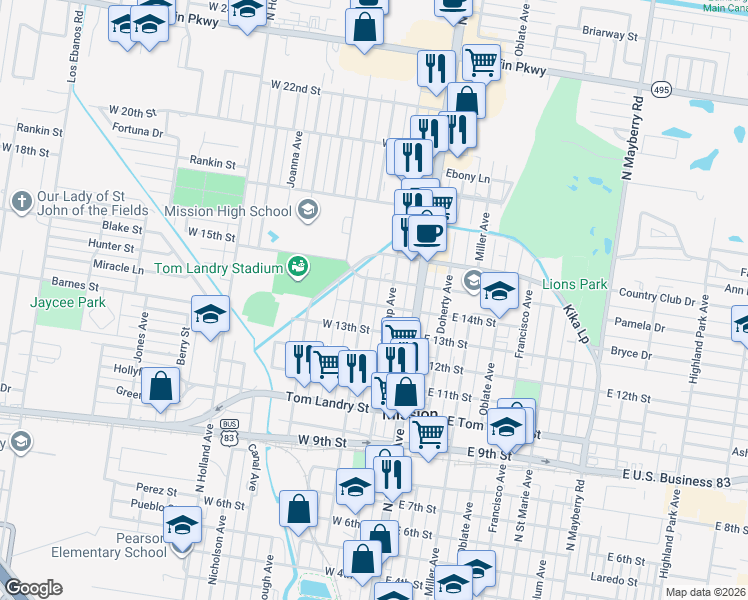 map of restaurants, bars, coffee shops, grocery stores, and more near 1319 North Dunlap Avenue in Mission