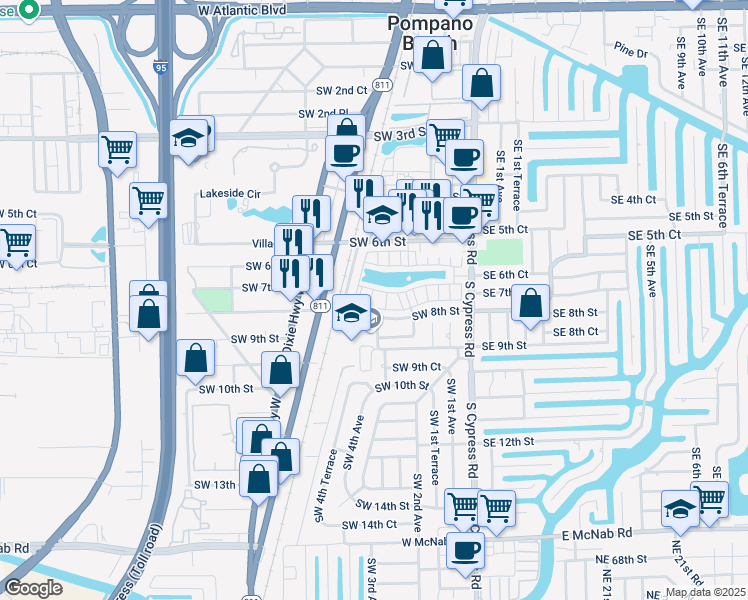 map of restaurants, bars, coffee shops, grocery stores, and more near 245 Southwest 7th Court in Pompano Beach