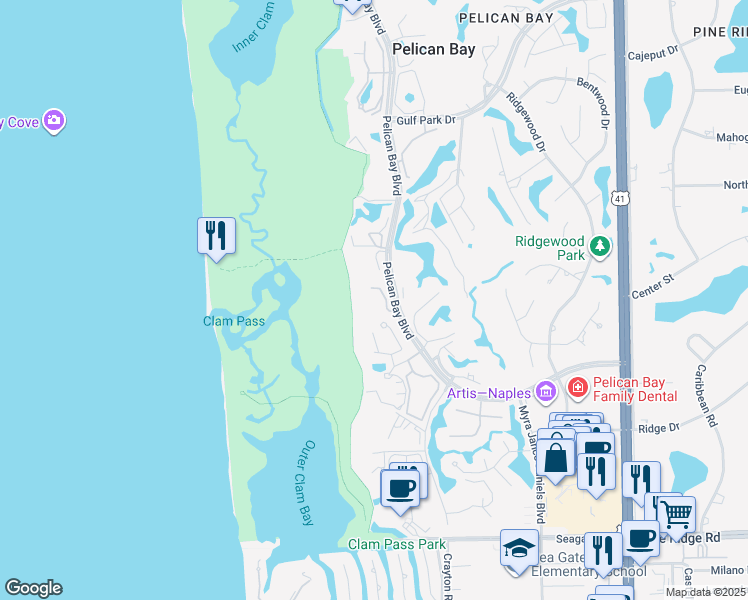 map of restaurants, bars, coffee shops, grocery stores, and more near 6001 Pelican Bay Boulevard in Naples