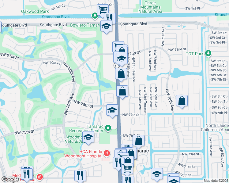 map of restaurants, bars, coffee shops, grocery stores, and more near 7862 Northwest 77th Avenue in Tamarac