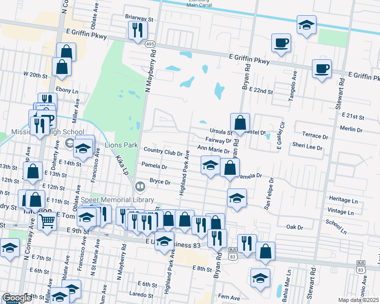 map of restaurants, bars, coffee shops, grocery stores, and more near 918 Country Club Drive in Mission